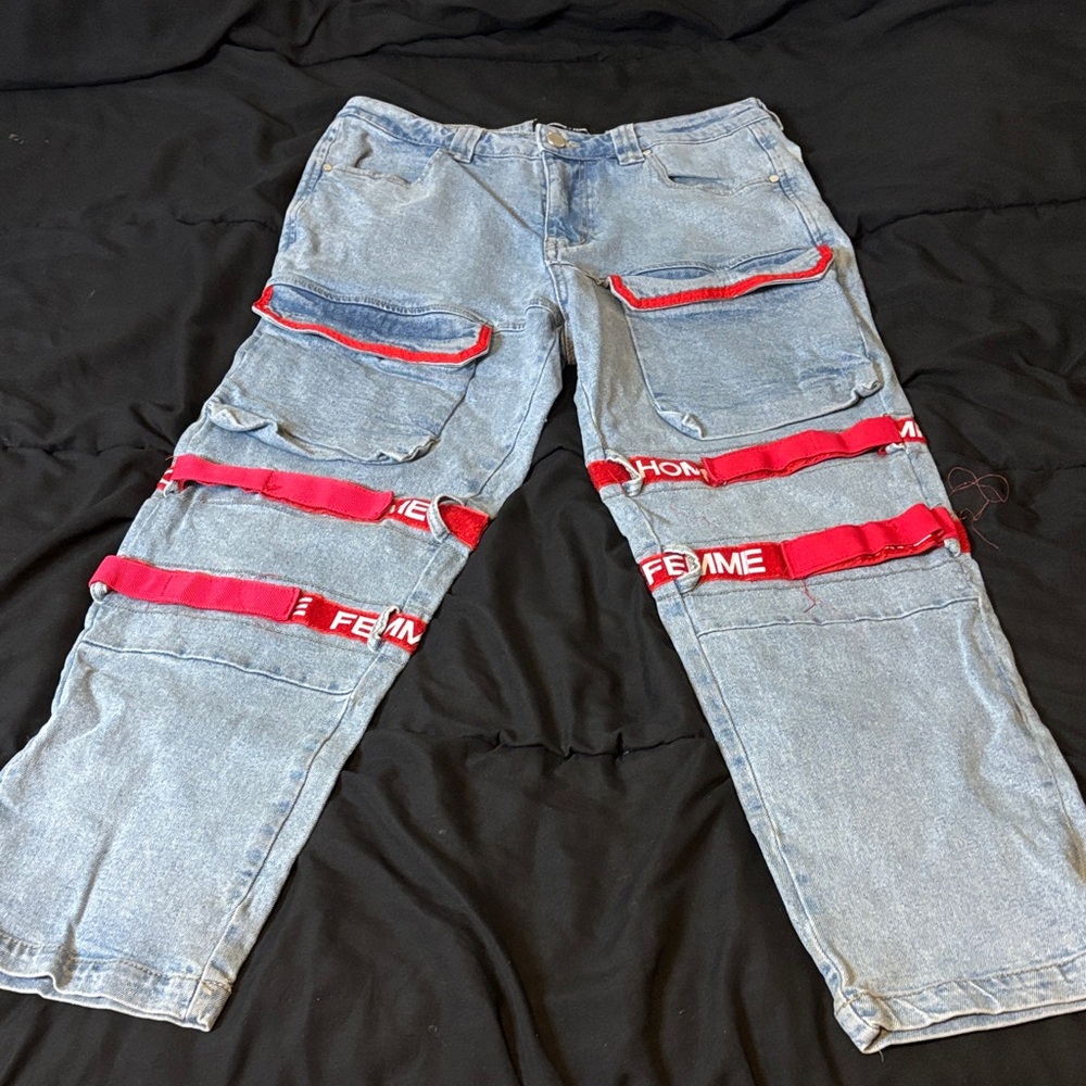 Trendy Denim Jeans with Red Straps